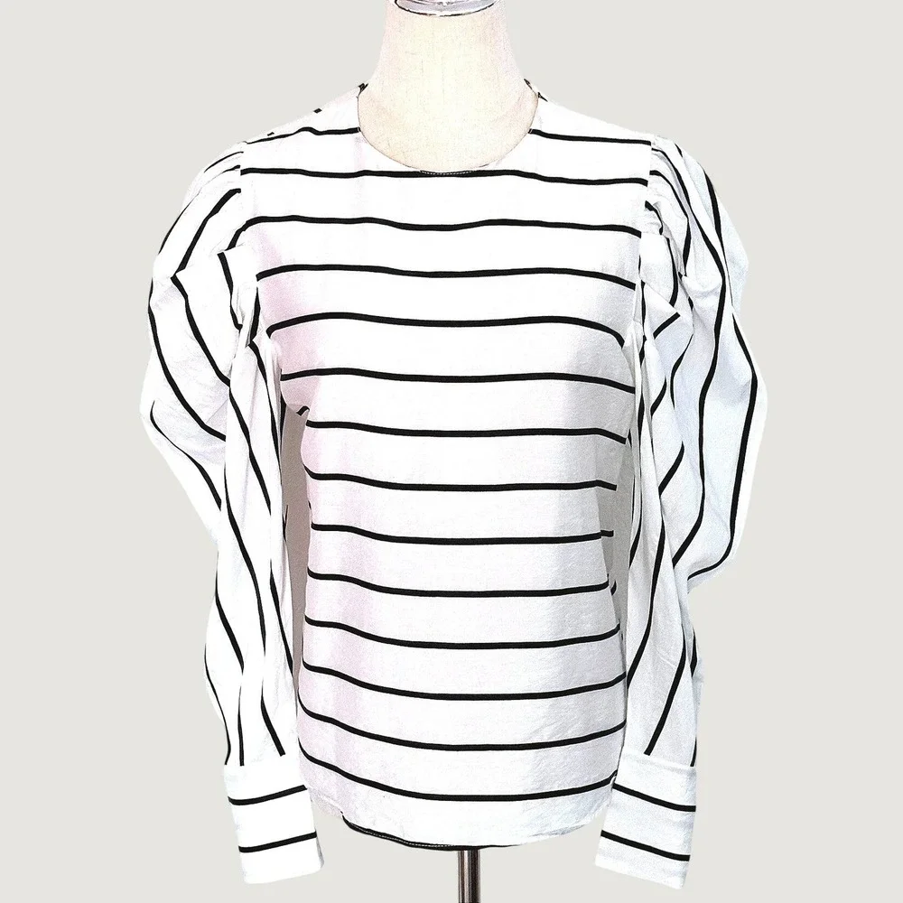 Zara Striped Puff Sleeve Blouse White Black Size Medium Cotton Blend Top